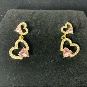 Pink heart rhinestone dangle post earrings